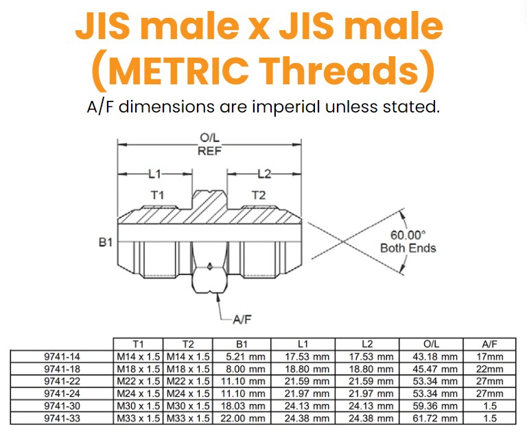 M14 JIS M/M 60° Ext Flare (Metric Threads) Hydraulic Adaptor
